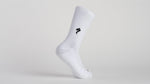 White Specialized cotton tall sock with black logo on clean background