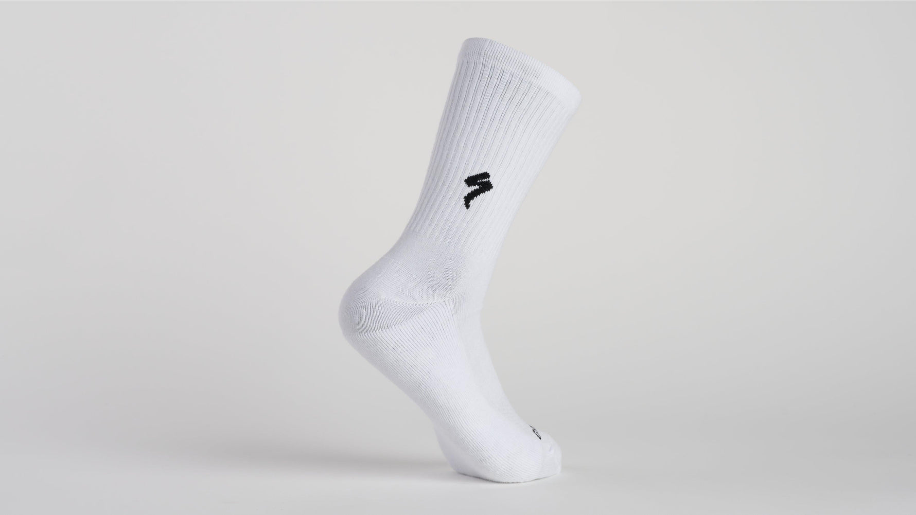 White Specialized cotton tall sock with black logo on clean background