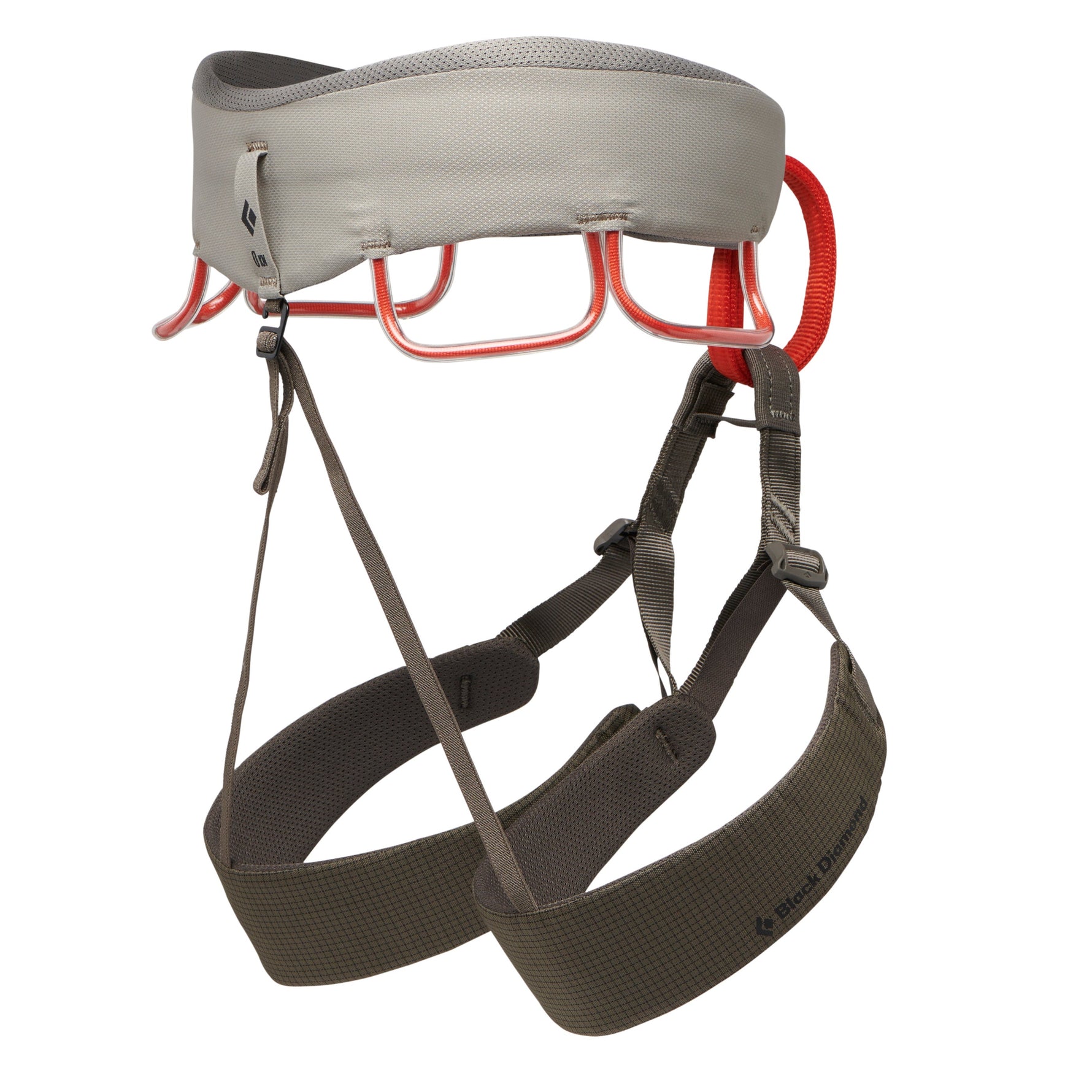 Black Diamond Momentum climbing harness in anthracite gray with red gear loops
