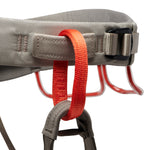 Black Diamond Momentum climbing harness in anthracite gray with red gear loops