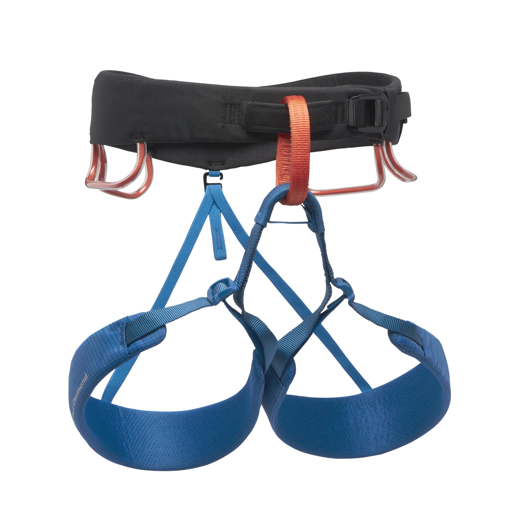 Black Diamond climbing harness with black waist belt and blue leg loops