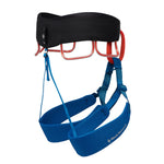 Black Diamond climbing harness with blue leg loops and black waist belt