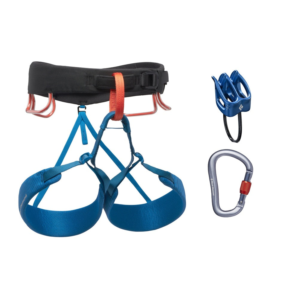 Black Diamond climbing harness package with blue straps, belay device, and carabiner