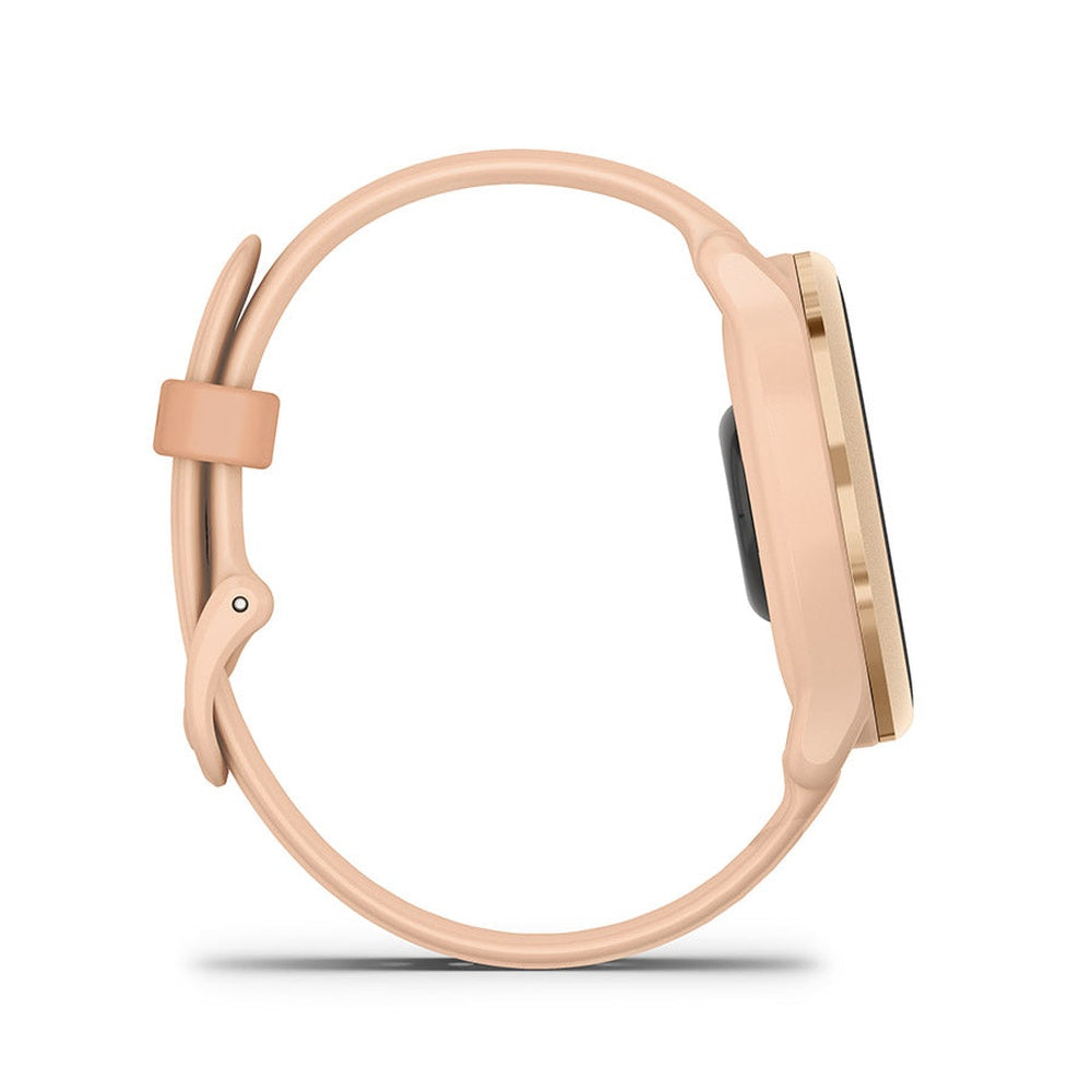 Garmin Vivoactive 6 smartwatch in pink dawn with silicone band, side profile view