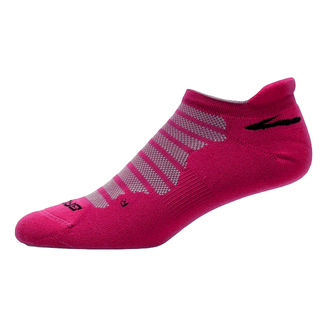 Brooks Glycerin Midweight unisex sock in pink, shown from opposite angle with gray stripes