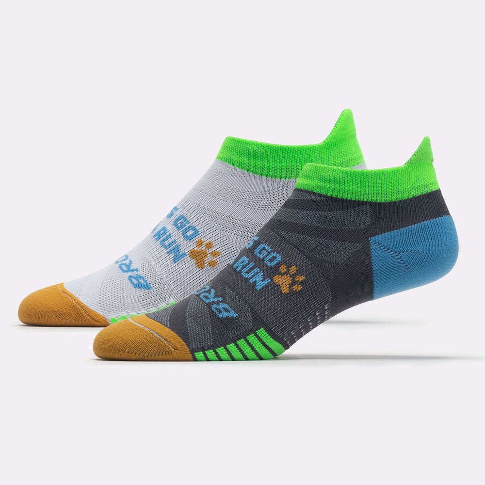 Brooks running socks pair in gray and charcoal with colorful accents