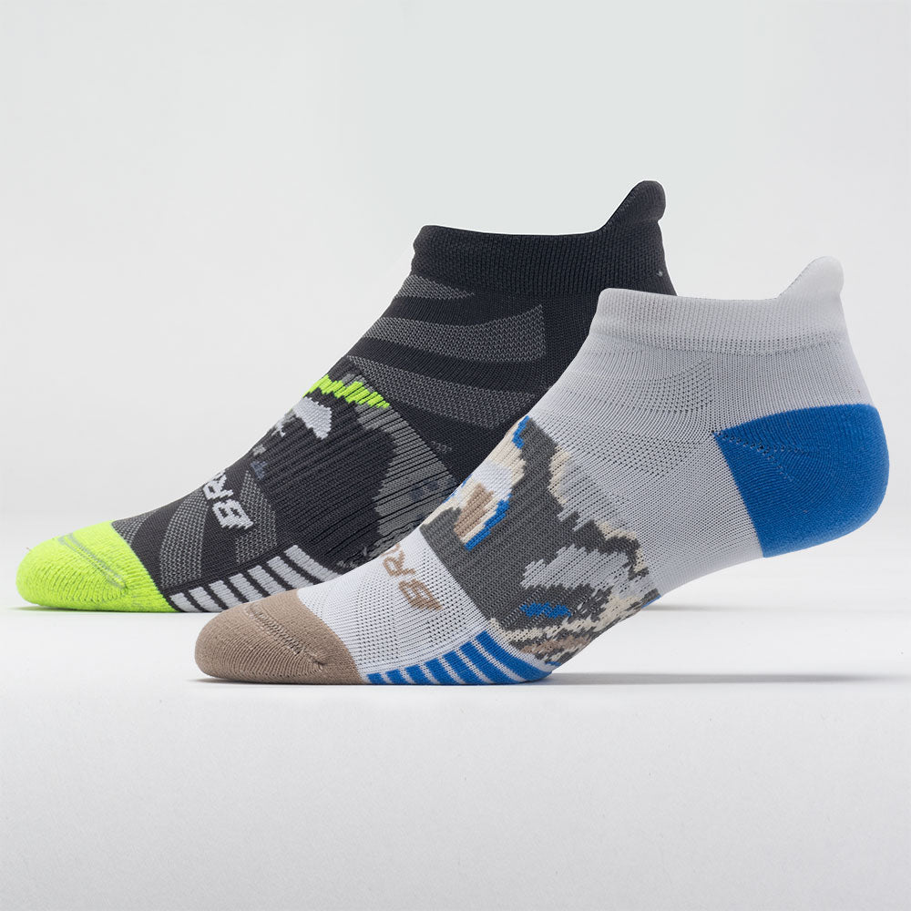 Brooks Ghost Lite No Show socks in black camo and white blue patterns two pack