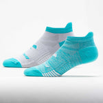 Two Brooks athletic ankle socks in turquoise and gray colors on white background