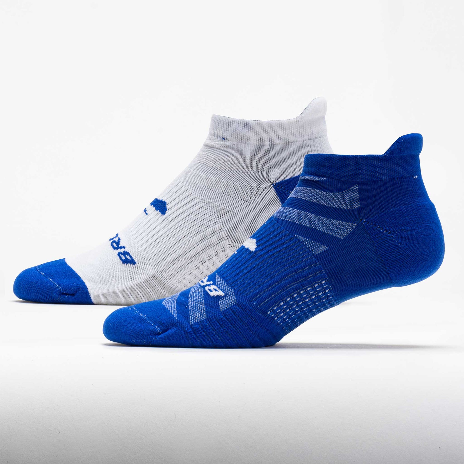 Two Brooks athletic socks in white/gray and blue colors on clean background