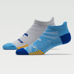 Two Brooks athletic ankle socks in gray and blue with orange stripes