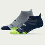Brooks Ghost Lite athletic socks in gray and navy colorway with green toe accents