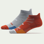 Two Brooks Ghost Lite athletic socks in gray and red colorways with striped details