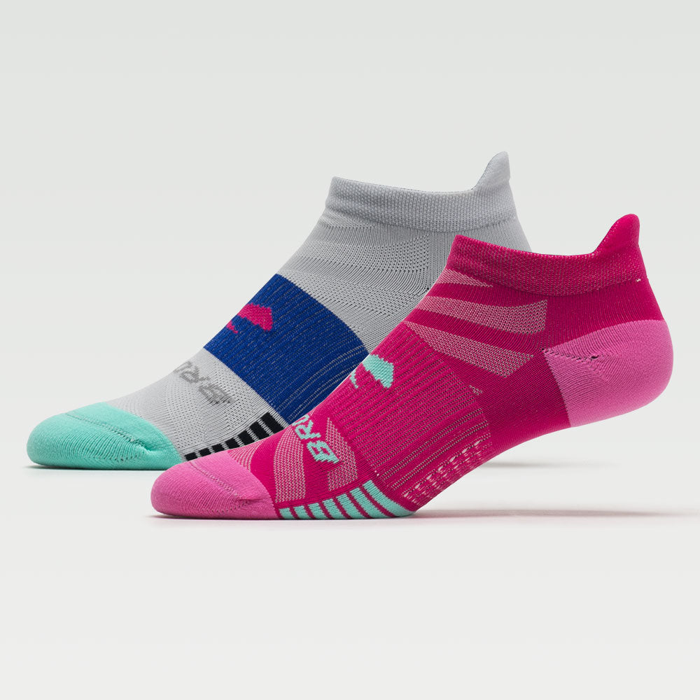 Two Brooks Ghost Lite running socks in gray-blue-mint and pink-magenta colorways