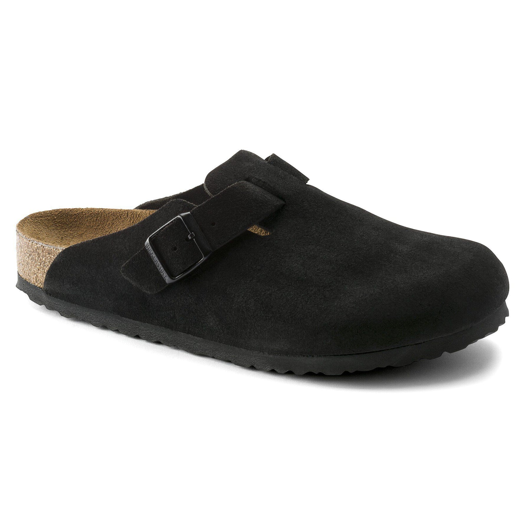 Birkenstock Boston black suede leather clog with adjustable buckle strap