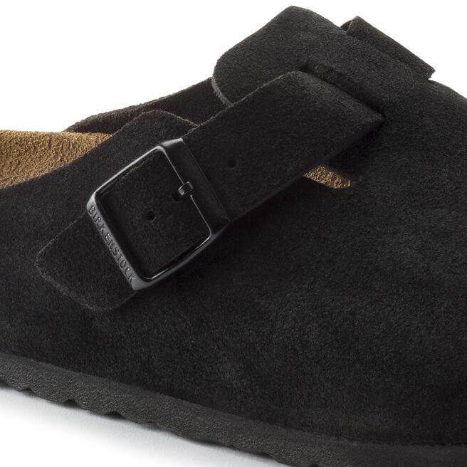Black Birkenstock Boston suede leather clog with adjustable buckle strap