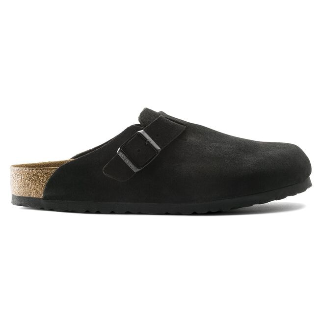 Birkenstock Boston black suede leather clog with cork footbed and dual buckles