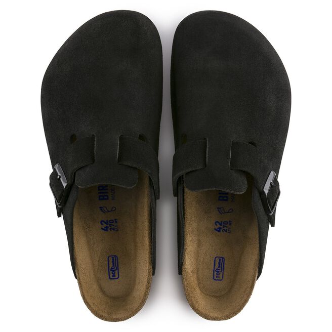 Black Birkenstock Boston clogs with suede leather upper and cork footbed