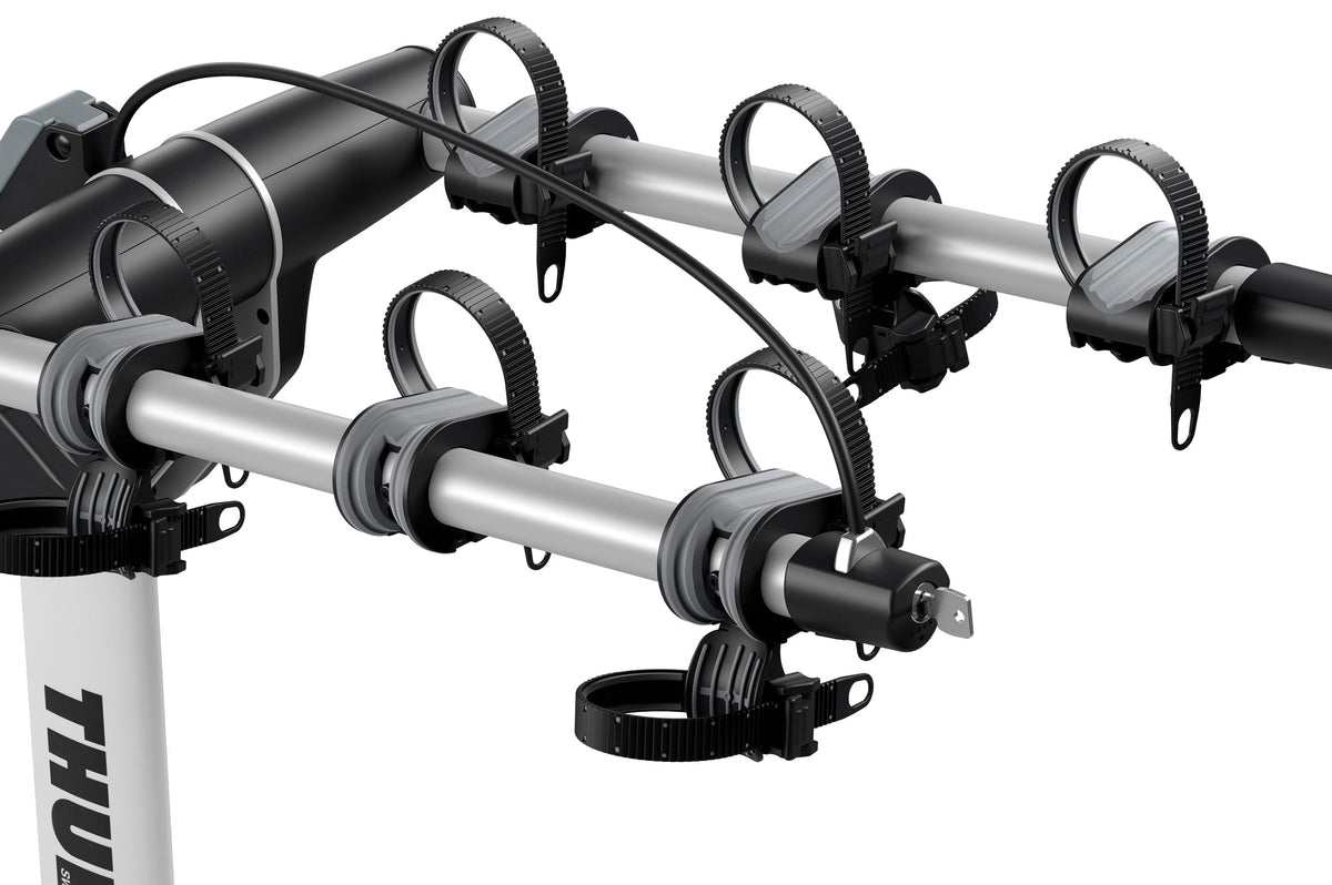 Thule Helium Pro 3 bike hitch rack showing aluminum arms with adjustable cradle straps