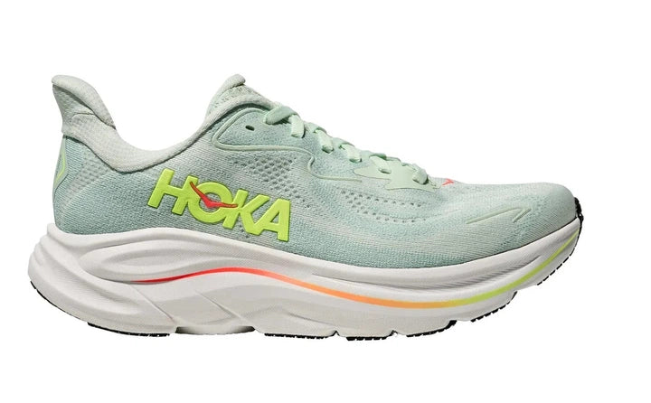 Hoka Clifton 10 women's running shoe in Sea Glass and Neon Flame, lateral view