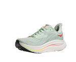 Hoka Clifton 10 women's shoe in Sea Glass Neon Flame, three-quarter front view on white background