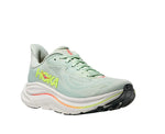 Hoka Clifton 10 women's running shoe Sea Glass Neon Flame, three-quarter lateral front view