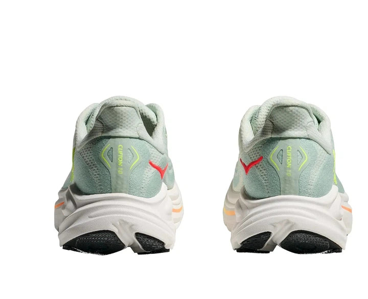 Hoka Clifton 10 women's shoes pair shown from rear view, Sea Glass Neon Flame colorway