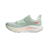 Hoka Clifton 10 women's shoe in Sea Glass Neon Flame colorway, medial side view