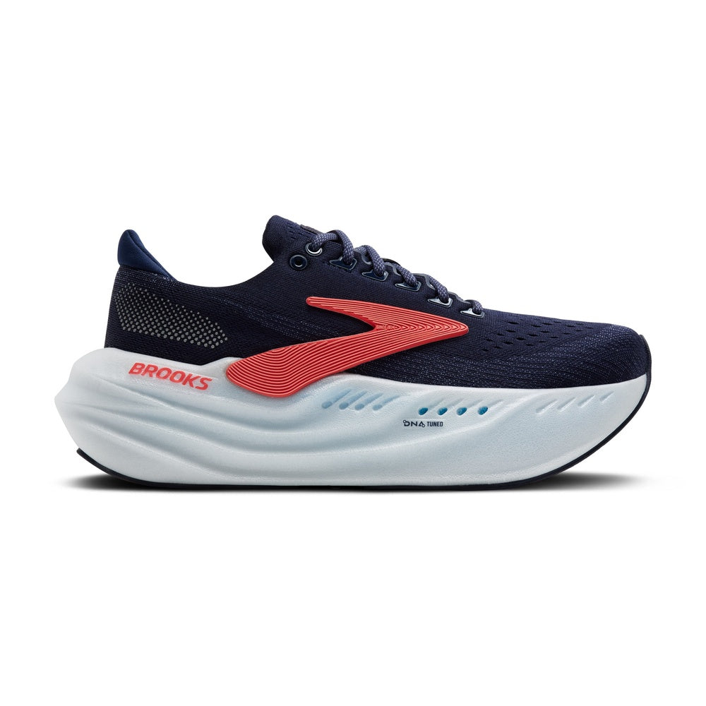 Brooks Glycerin Max running shoe in navy with coral accent stripe and white sole
