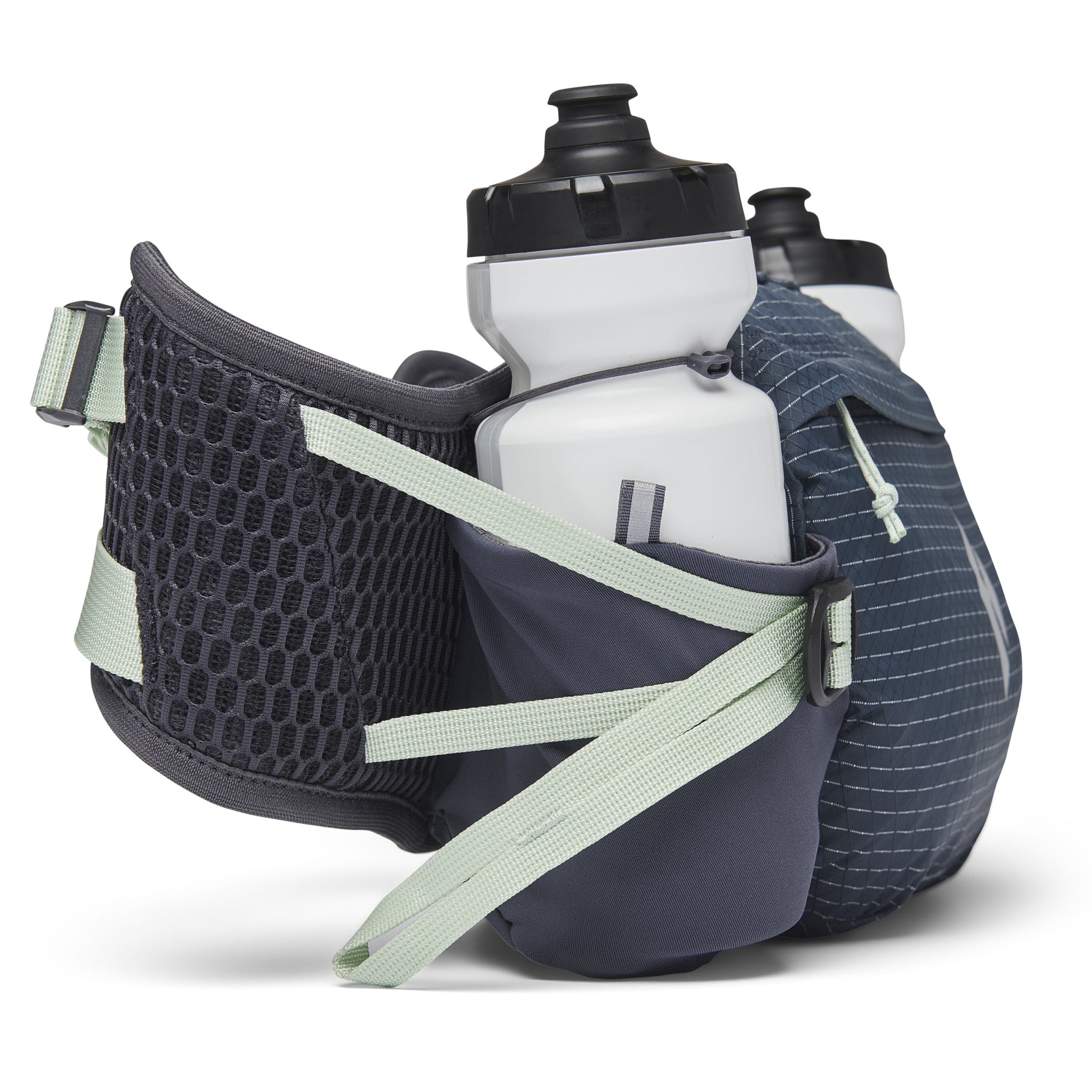 Black Diamond waist pack with water bottles, navy blue fabric with mesh pockets