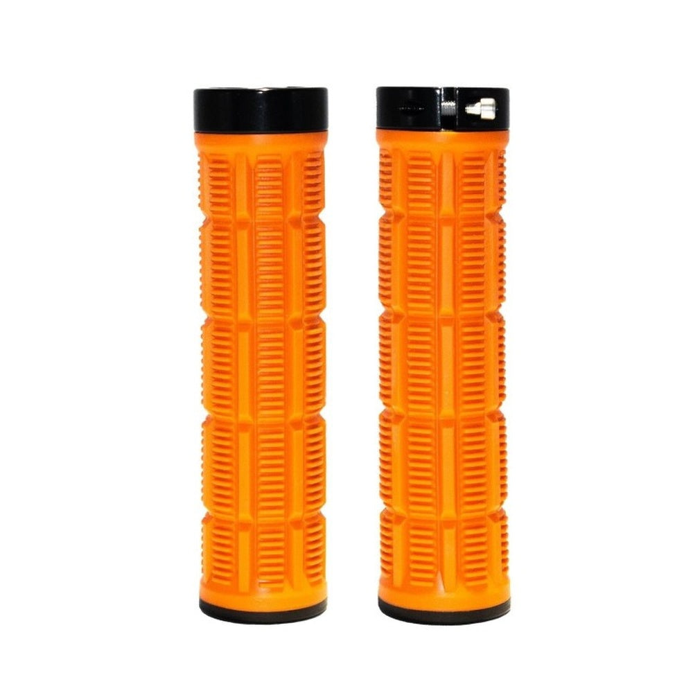 Orange bicycle grips with black end caps and textured grip pattern