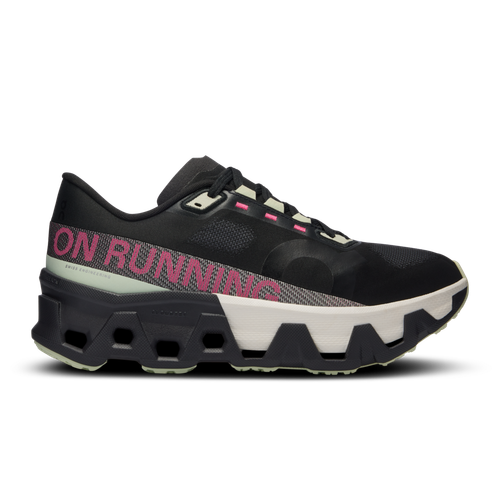On Cloudmonster Hyper running shoes in black with pink text and white sole
