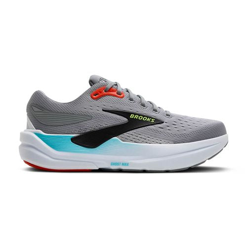Brooks Ghost Max 3 men's running shoe in Primer Grey with Antarctica blue and red accents