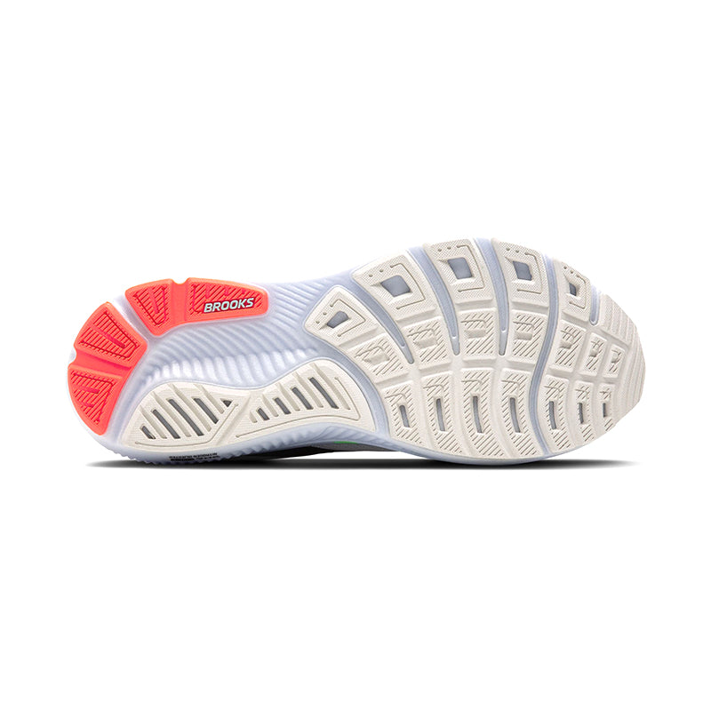 Brooks Ghost 17 men's running shoe outsole view showing white and coral rubber tread pattern