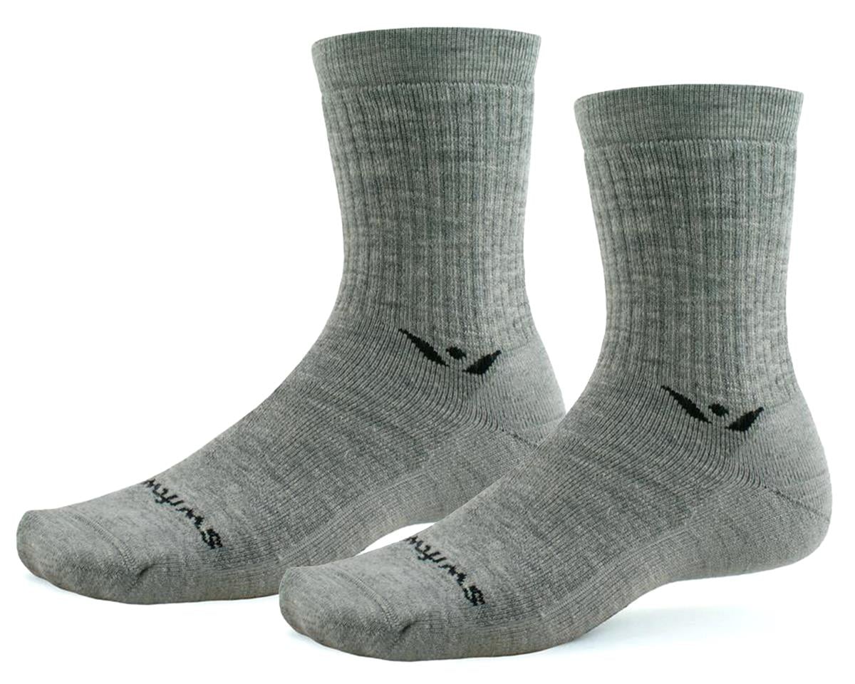Pair of Swiftwick Pursuit Hike Six Lightweight crew socks in heather gray