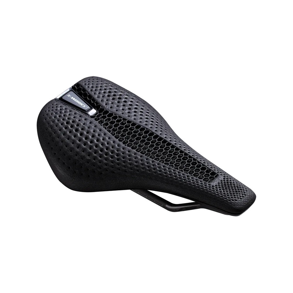 Specialized S-Works Power Evo Mirror saddle in black, angled three-quarter view showing 3D-printed lattice surface