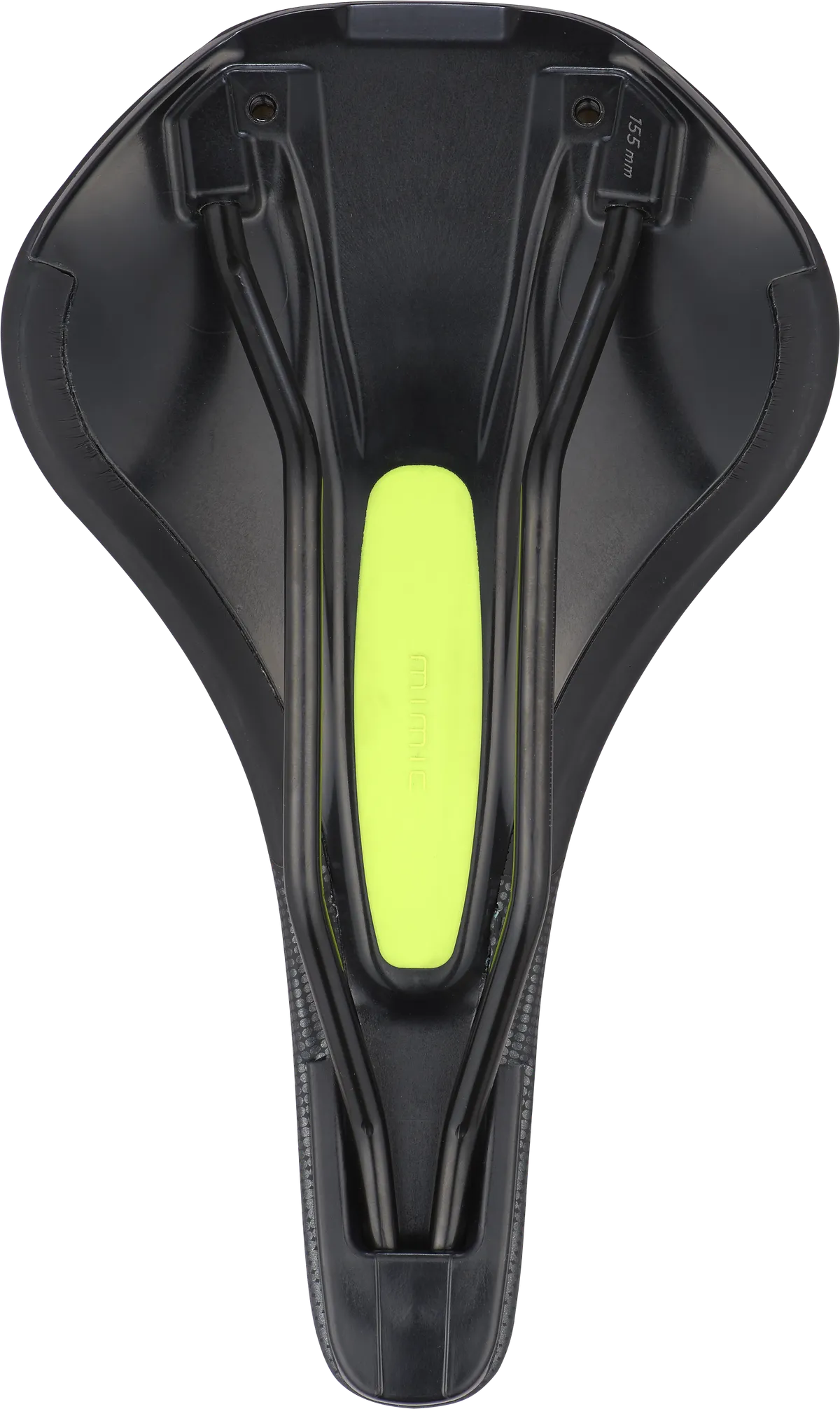 Specialized Bridge Comp MIMIC saddle bottom view showing neon yellow MIMIC technology insert and rail system