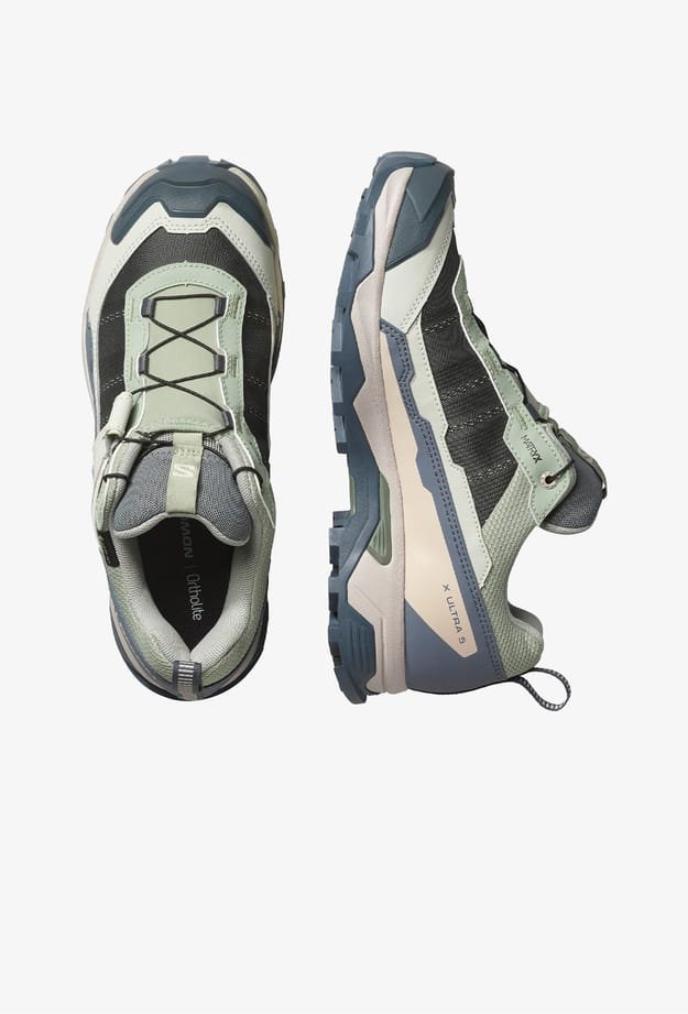 Salomon X ULTRA 5 GTX women's hiking shoes in sage green and gray colorway