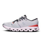 On Cloud X 4 women's running shoe in silver with coral accent and distinctive cloud sole