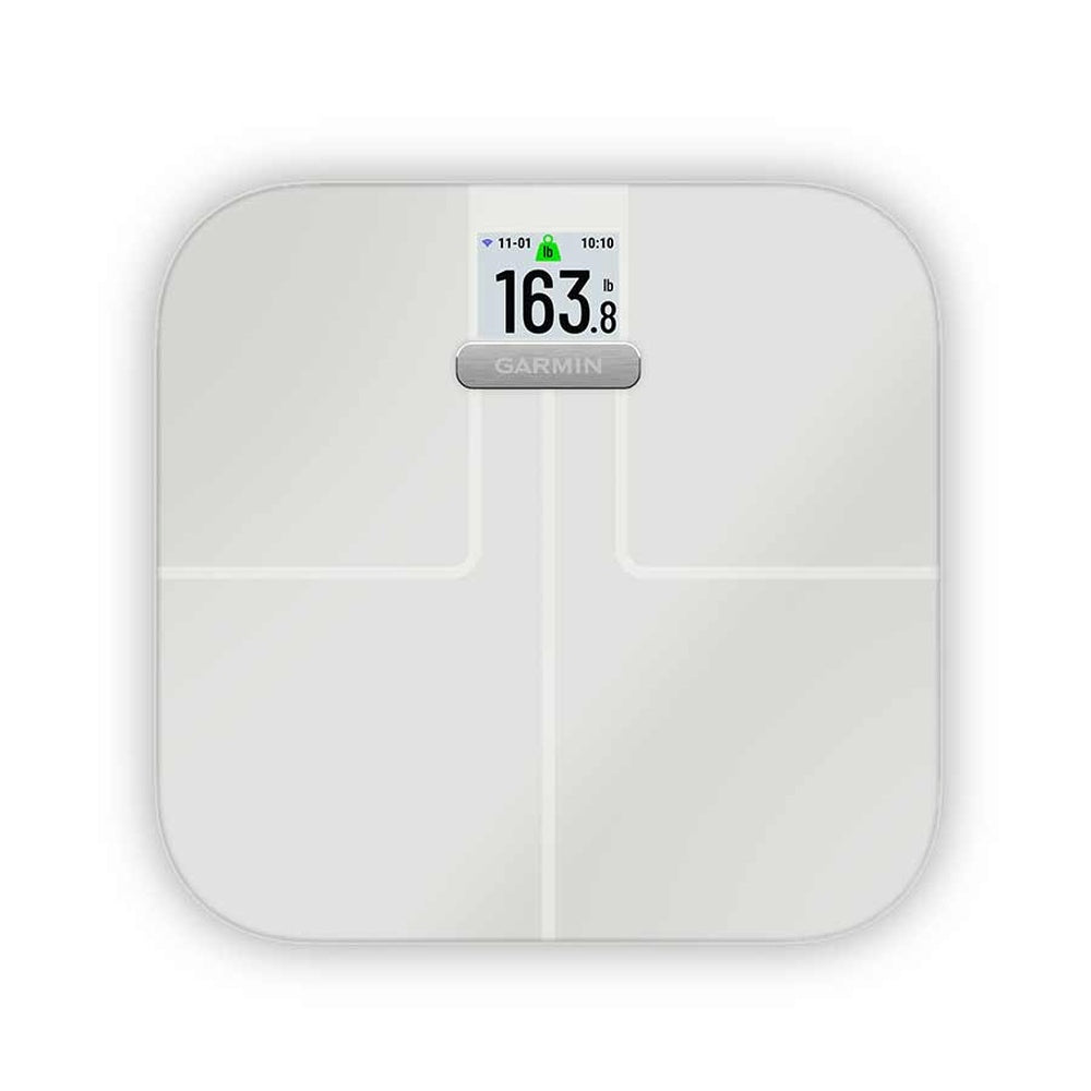 Garmin Index S2 Smart Scale in white displaying 163.8 lbs on color screen