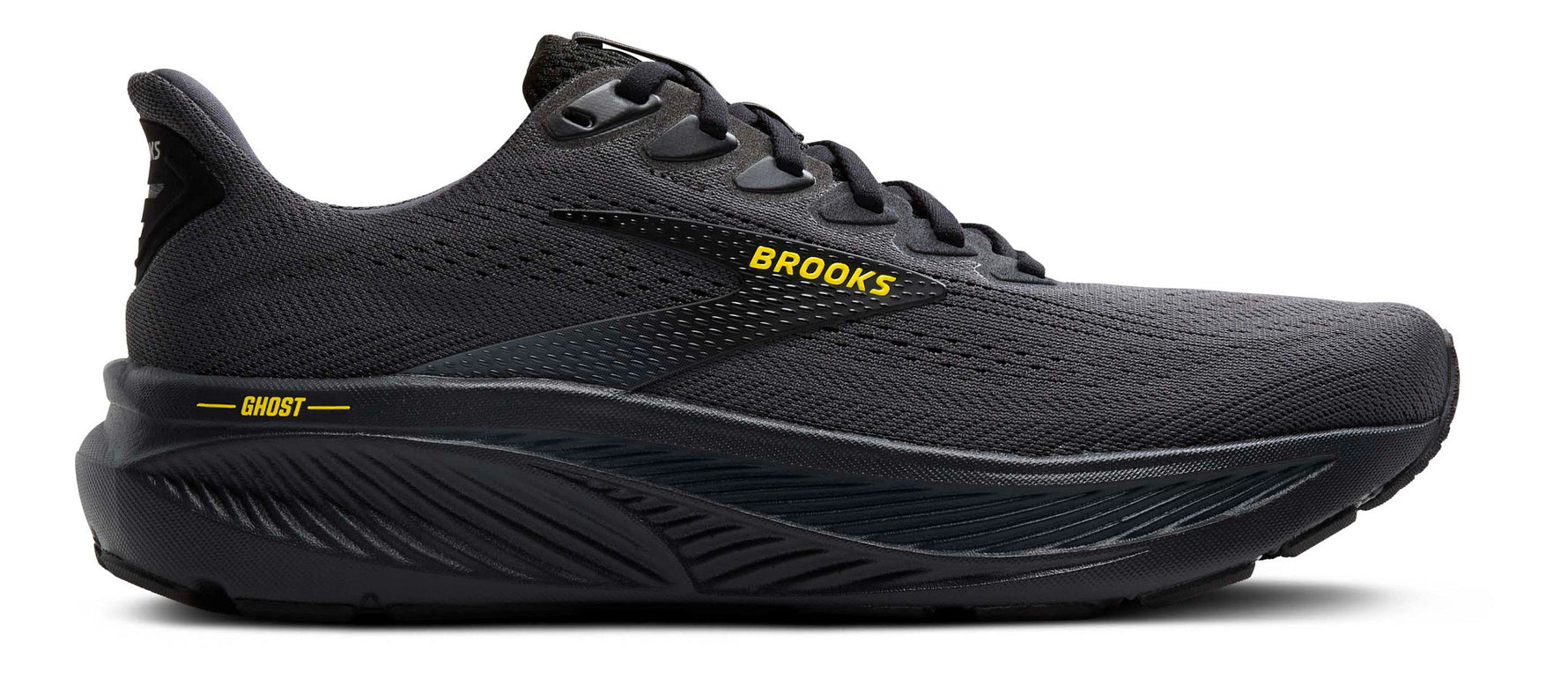 Brooks Ghost 17 men's running shoe in black and grey with yellow branding, lateral view