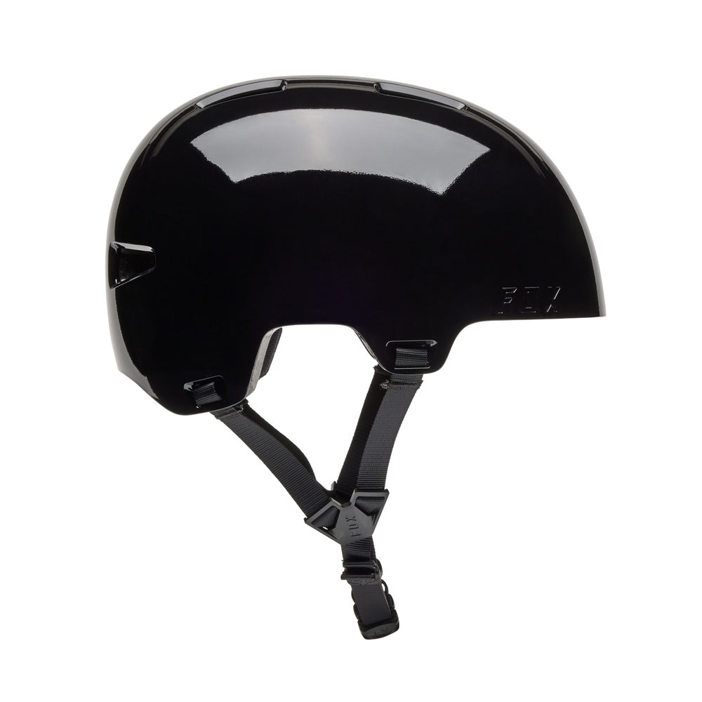 Fox Racing Flight Sport Helmet in gloss black with adjustable chin strap, side view