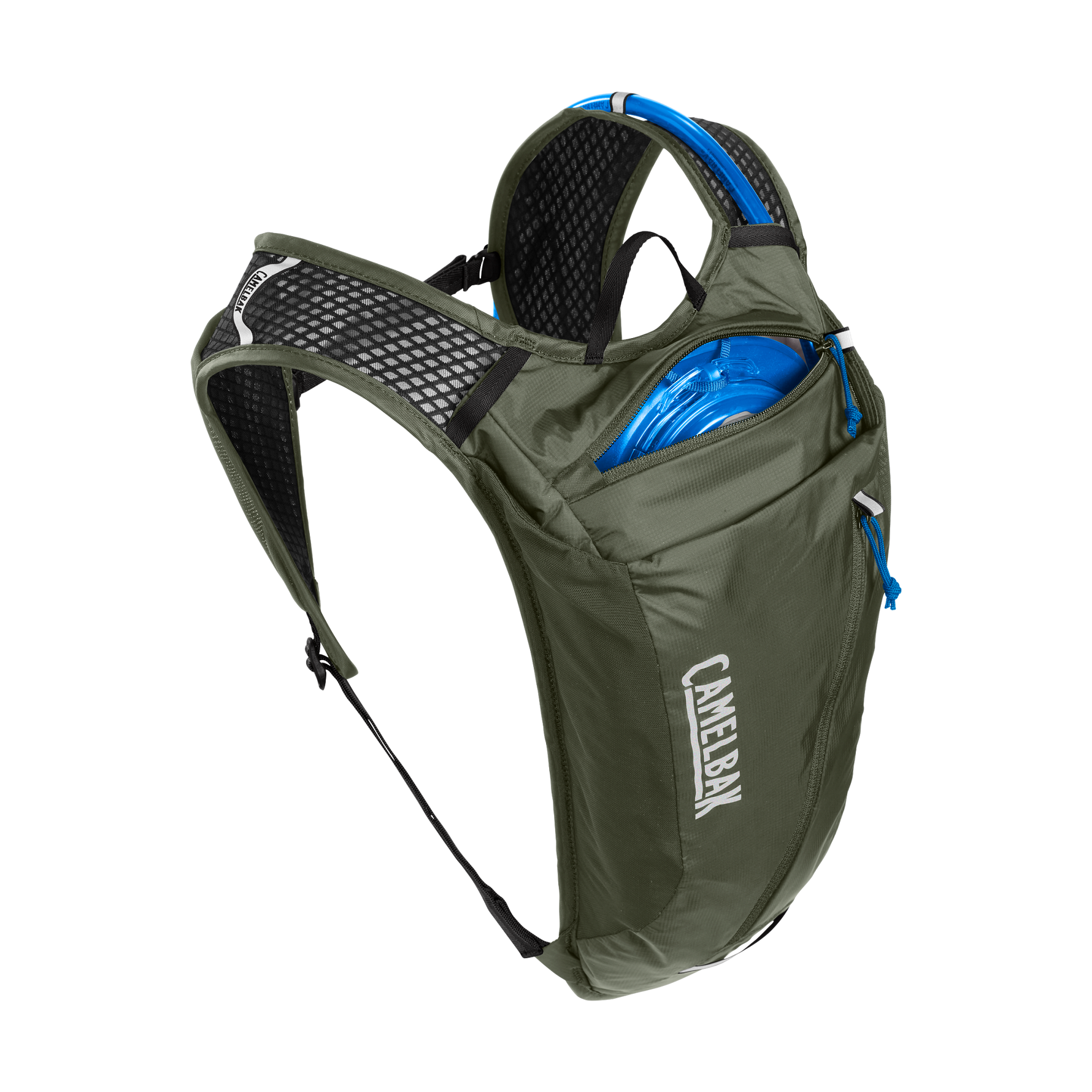 CamelBak Rogue Light hydration pack in dusty olive with blue reservoir visible