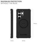 Rokform black carbon fiber phone case with dimensions showing maximum protection design
