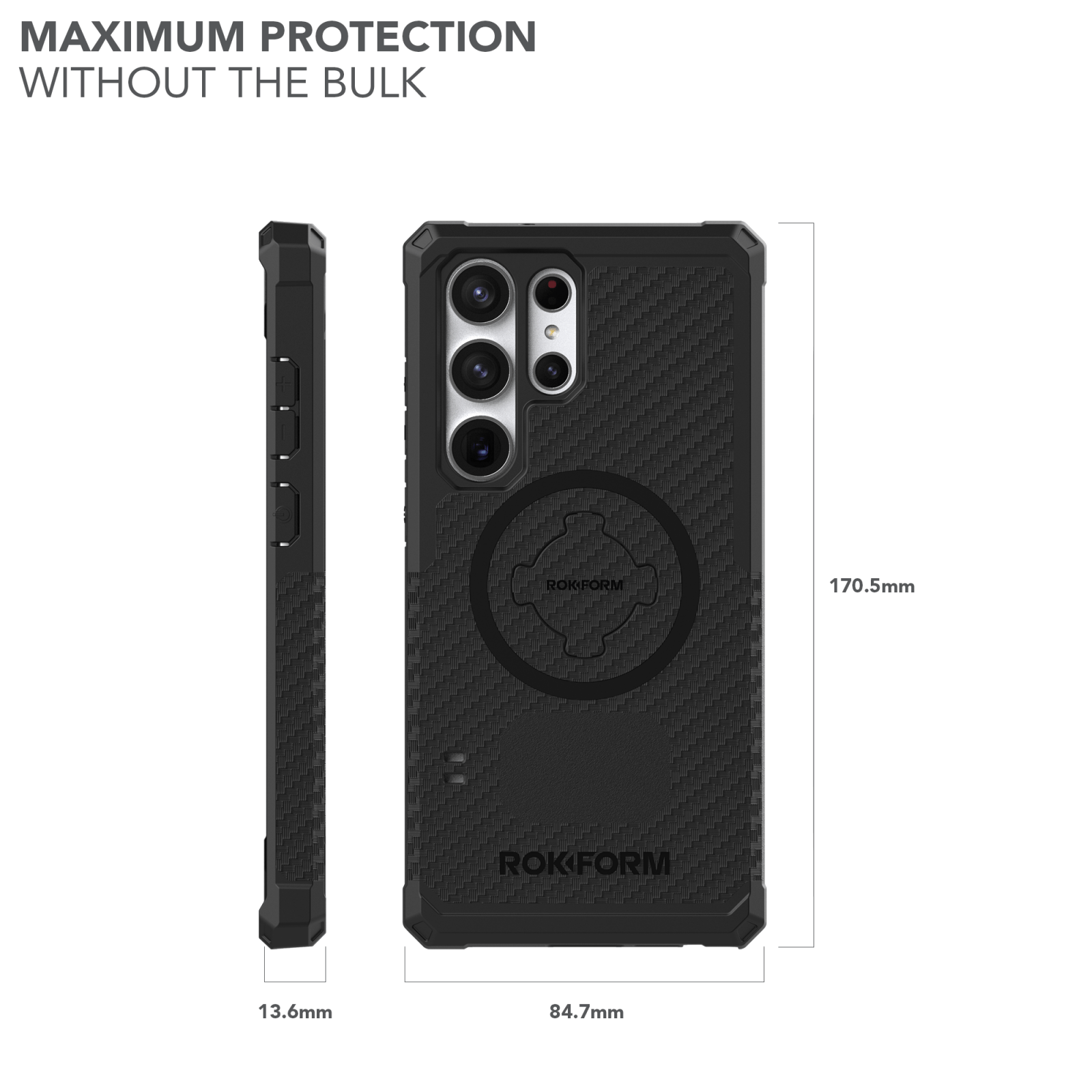 Rokform black carbon fiber phone case with dimensions showing maximum protection design