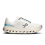 On Cloudsurfer Next men's running shoe in ivory white with blue accent and cloud sole