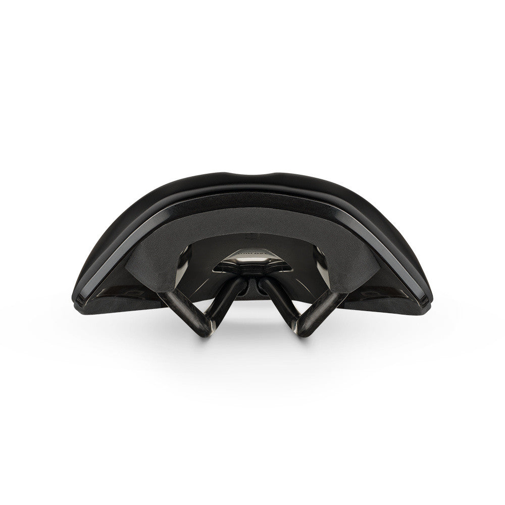 Fizik Tempo Argo R1 saddle in black with distinctive curved profile and rail system