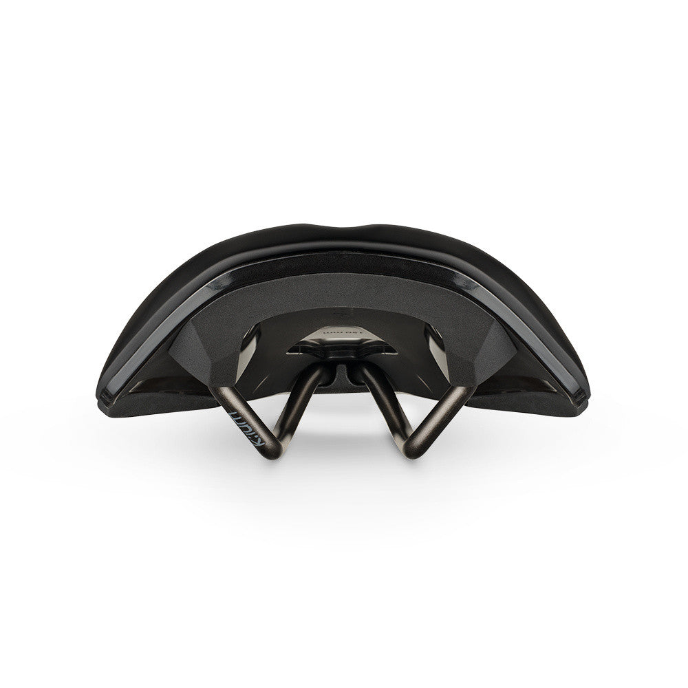 Fizik Tempo Argo R3 saddle in black with professional studio photography showing top and bottom views