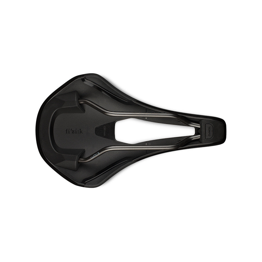 Fizik Tempo Argo R3 bicycle saddle in black, showing top and bottom views