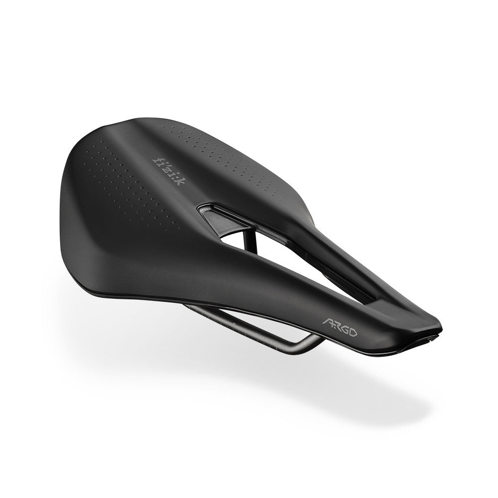 Fizik Tempo Argo R3 bicycle saddle in black with perforated top and carbon rails