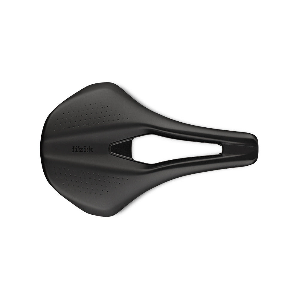Fizik Tempo Argo R3 bicycle saddle in black with perforated top and cutout design